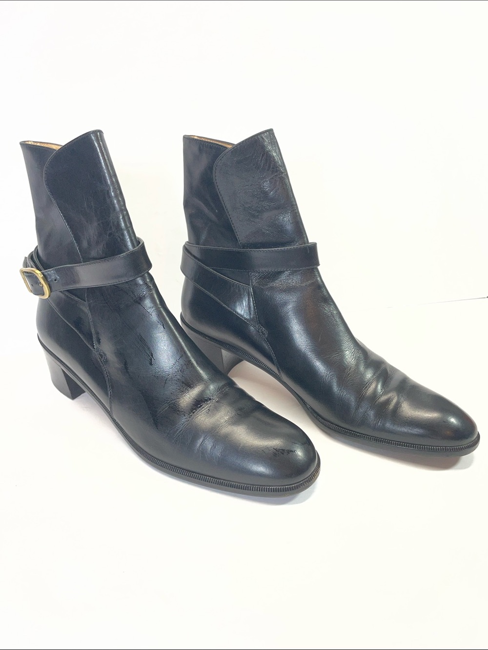 Salvatore Ferragamo Black Leather Ankle Booties with Gold Buckle Strap